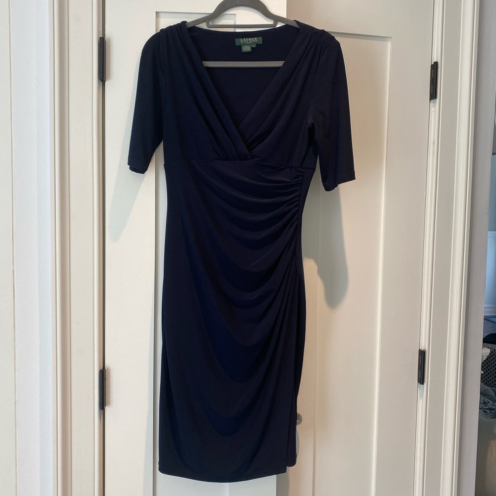 Lauren Ralph Lauren Dark Navy Faux-Wrap Ruched Midi Dress